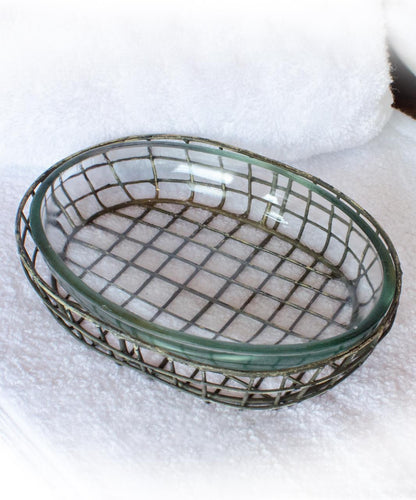 Soap Dish - Glass & Galvanized Oval